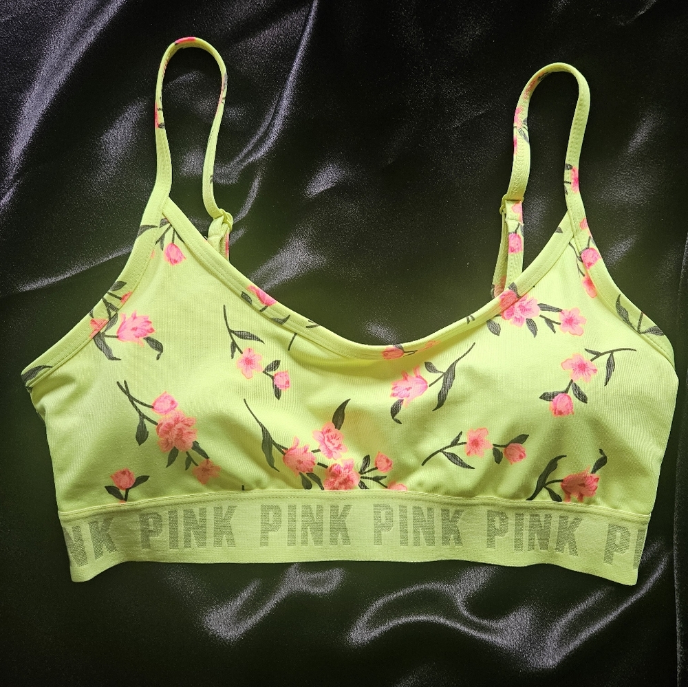 PINK SPORT ULTIMATE LIGHT LINED SIZE MEDIUM NEON WITH PINK FLOWERS